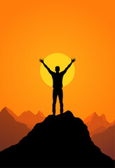 Triumphant Person Silhouette on Mountain Peak with Raised Arms at Sunset - Vector Illustration of Achievement