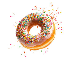 Colorful donut with sprinkles in mid-air isolated on tranparent background.