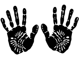 Naklejka premium Two Black Handprints on White Background stylized handprints black white show detailed lines and patterns the palms The image likely for use design graphic element