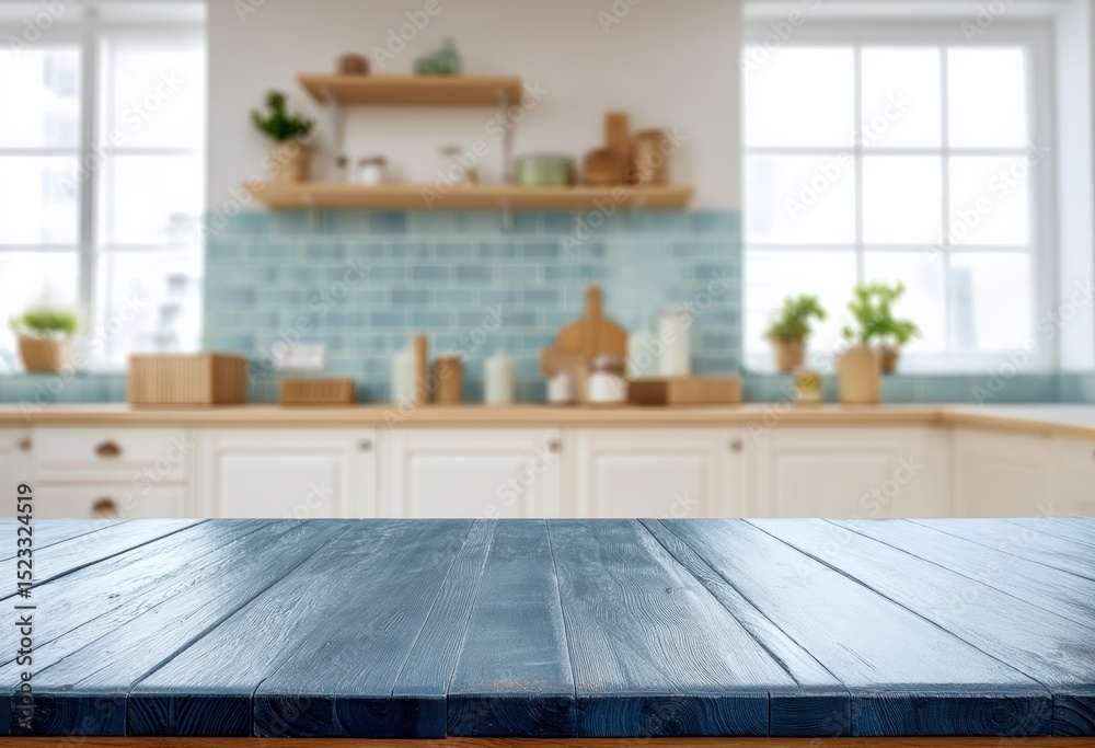 Poster blue wooden table set against a softly blurred, bright kitchen backdrop, creating an ideal surface f