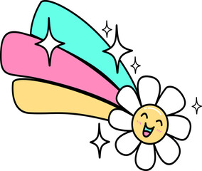 Retro Groovy Cartoon of Rainbow Daisy with Sparkles
