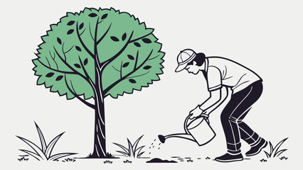 Fototapeta premium Person Watering a Young Sapling Tree