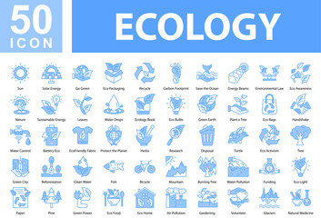 Ecology Collection of Icons with Blue Color, Containing: Sun,Solar Energy,Go Green,Eco Packaging,Recycle,Carbon Footprint,Save the Ocean,Energy Beams,Environmental Law,Eco Awareness,Nature,Sustainable