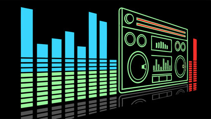 Obraz premium Retro Boombox and Audio Visualizers on Black Background
