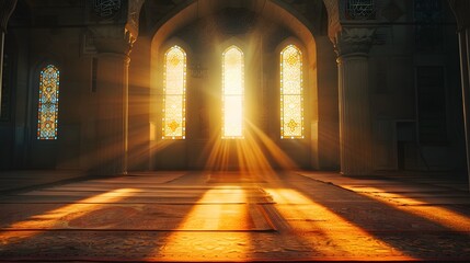Sun Rays Streaming Through Arched Windows in an Empty Mosque Interior