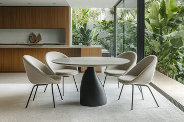 Modern dining area with round table, stylish chairs, and kitchen view, creating a sleek and elegant space with natural light and comfort