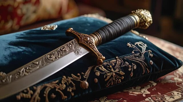 Ornate dagger with jeweled hilt rests on a velvet cushion with gold embroidery, showcasing craftsmanship and elegance.