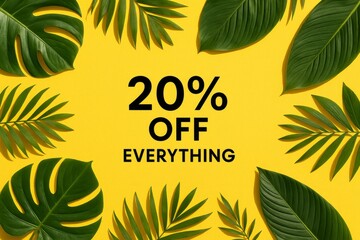 Obraz premium Tropical-themed sale banner with green leaves and bold 20% off text on a yellow background, ideal for summer promotions.