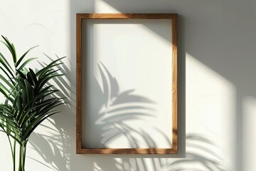 Premium Quality Visual of Empty Wooden Frame on a White Wall with a Plant and Sunlight Shadows