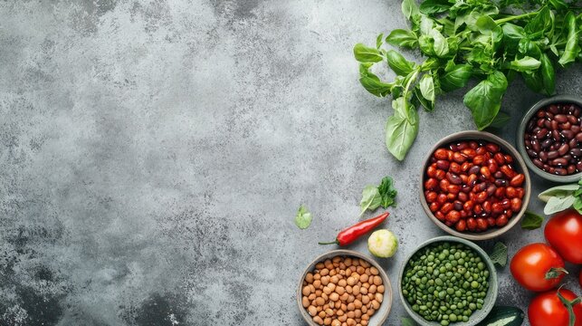 Various beans and vegetables arranged on a textured surface