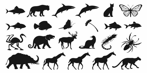 Fototapeta premium Silhouetted Wildlife Symphony: A monochromatic ensemble of diverse wildlife silhouettes, showcasing the beauty and variety of the animal kingdom. An elegant design for the animal collection. 