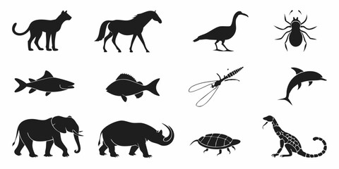 Naklejka premium Animal Silhouette Collection: A diverse array of animal silhouettes, featuring familiar creatures in simple, black-and-white outlines, perfect for design projects.
