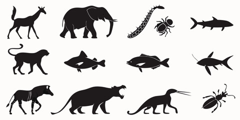 Obraz premium Wildlife Silhouettes Collection: A collection of stylized animal silhouettes showcases a giraffe, elephant, snake, beetle, shark, cheetah, fish, fish, shark, zebra, hippopotamus, dinosaur, beetle.