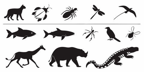 Obraz premium Silhouettes of animal variety: A series of diverse animals represented as elegant silhouettes, from feline creatures to aquatic mammals, creates a strong design composition.