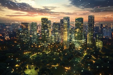 Fototapeta premium City Lights at Dusk: Modern Skyscrapers and Urban Night View