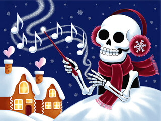 Fototapeta premium Festive Skeleton Conductor With Red Scarf Creating Musical Notes in Winter Night, Snowy Holiday Scene, Cute Cartoon Illustration