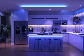 smart home kitchen with voice activated appliances and automated lighting