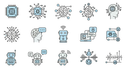 Artificial Intelligence Icon Set – Line Icons of AI Chip, Neural Network, Robotics, Machine Learning and Voice Assistant