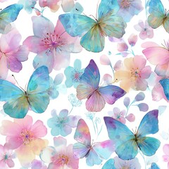 pastel watercolor butterflies and flowers seamless pattern, elegant soft design