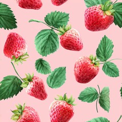 seamless watercolor pattern with cute pink strawberries and leaves, hand-painted style