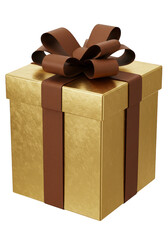 3D Rendering Golden Gift Box with Brown Ribbon on Transparent Background