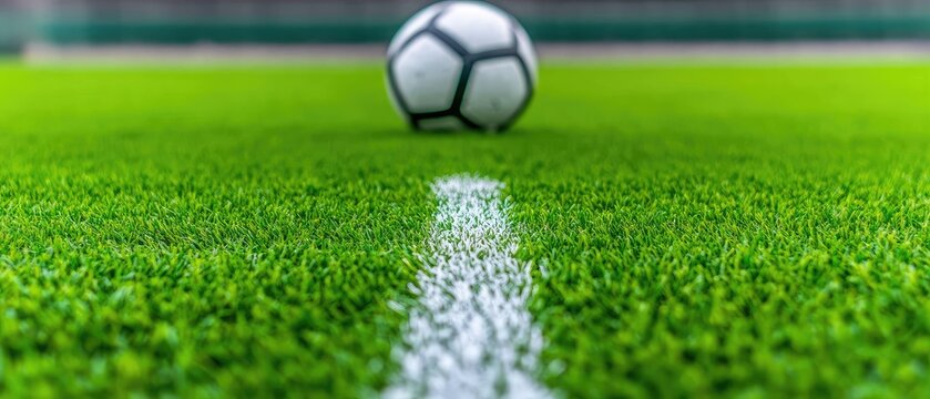 A soccer ball sits on green artificial turf with a white line leading to it