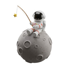 3d Astronaut Catching Star with Fishing Rod on Moon Surface Isolated