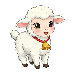 Cartoon White Lamb Sheep Animal with Bell Illustration Transparent Background