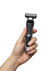 Close Up Man's Hand Holds Electric Shaver for Grooming Transparent