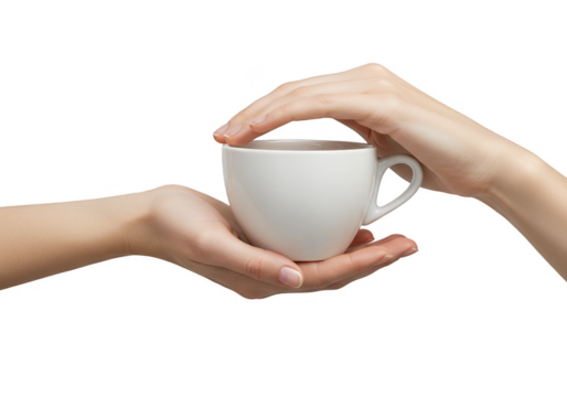Close Up of Hands Gently Holding a White Cup With Transparent Background