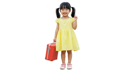 Cute Asian Child Girl Portrait Holding Red Suitcase Transparent Background