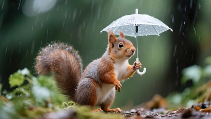 A squirrel holding an umbrella