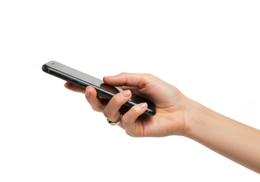 Female Hand Holding Black Smartphone Device with Transparent Background