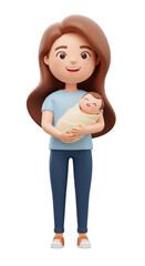 3d Cartoon of Woman Holding Newborn Baby with Transparent Background