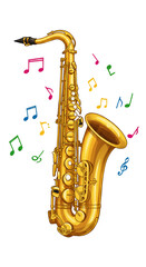 Golden Saxophone with Musical Notes Illustration on Transparent Background