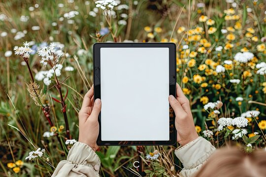 Detailed Color Picture of Couple Showing Tablet in Hands on Meadow
