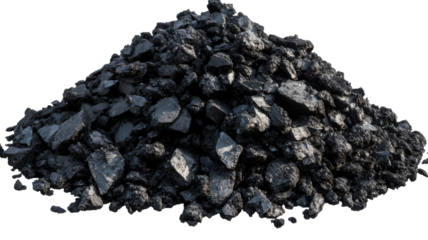 Pile of Raw Black Coal Chunks with Rough Texture and Natural Mineral Surface Isolated on White Background