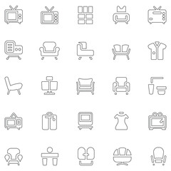 Outline furniture and home appliance icon set including sofas, chairs, clothing, and tables