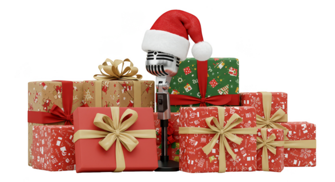 Illustration Christmas Microphone And Gifts With Santa Hat on Transparent BG