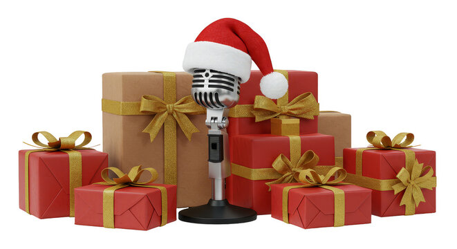 Illustration Christmas Microphone with Gifts Boxes and Santa Hat Holiday