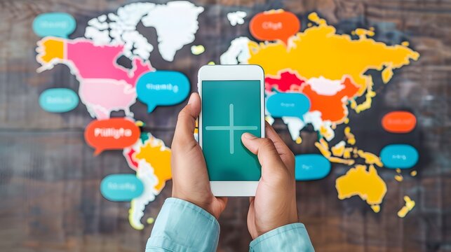 Mobile Phone Global Connection World Map, Hands Using Smartphone, International Communication - Powered by Adobe