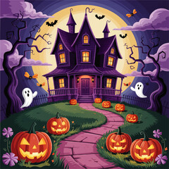 Spooky Cartoon Haunted House with Glowing Jack-O&rsquo;-Lanterns, Ghosts, Bats, and Full Moon on Halloween Night