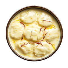 Delicious creamy dessert featuring soft dumplings soaked in sweetened milk, garnished with saffron strands for elegant touch