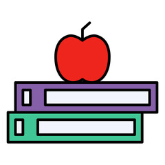 Apple on Books Icon: Back to School, Education, Learning, and Knowledge Symbol in Filled Outline Style