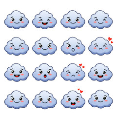 Fototapeta premium Cute Cartoon Clouds Kawaii Weather Emoji Cloud Illustration Background