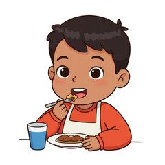 Illustration of Boy Eating Meal With Fork Plate and Glass With Apron