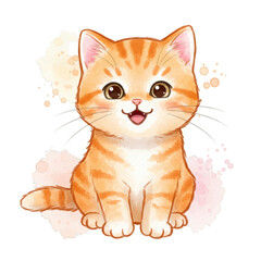 Cute Watercolor Illustration Of An Orange Kitten With Transparent Background