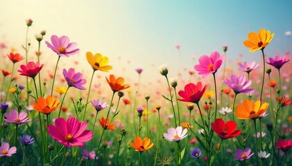 Vibrant abstract field of wildflowers in full bloom, perfect for website backgrounds or presentations Stunning colors and textures ideal for nature-themed projects , bright, colorful background