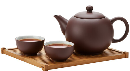 3D Rendering of Brown Teapot and Teacups on Tray Isolated Background