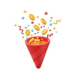 3d Illustration Golden Coins Exploding From Red Cone on Transparent Background